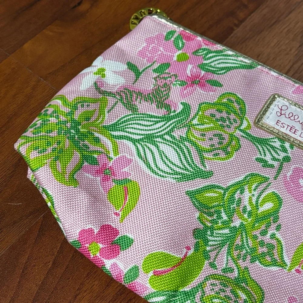 Lily Pulitzer for Estee Lauder Pink and Green Floral Cosmetic Bag